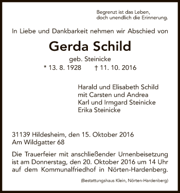 Traueranzeige von Gerda Schild von HNA