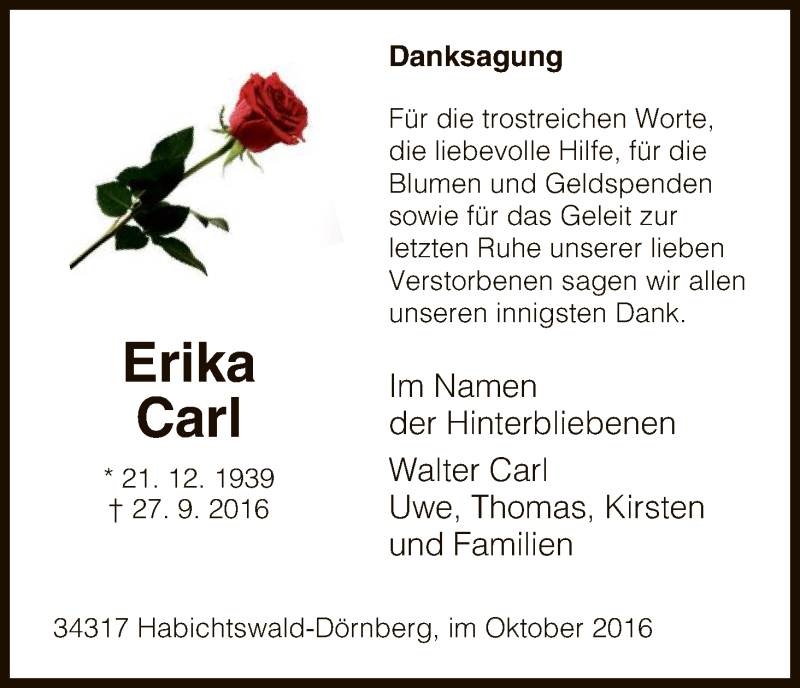  Traueranzeige für Erika Carl vom 22.10.2016 aus HNA