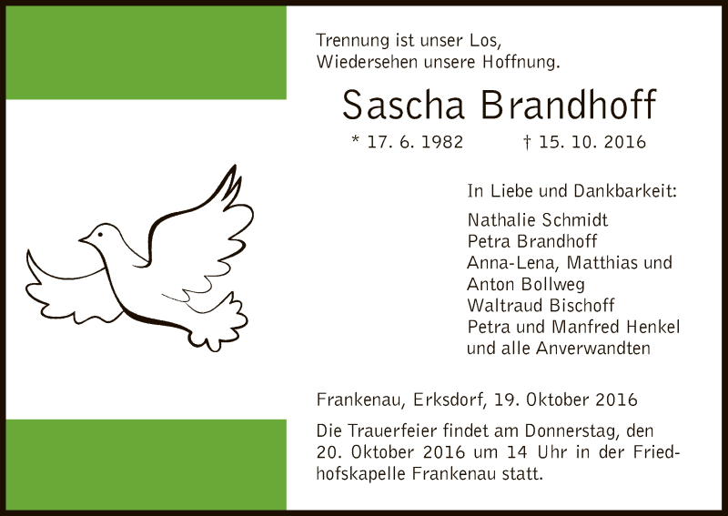  Traueranzeige für Sascha Brandhoff vom 19.10.2016 aus HNA