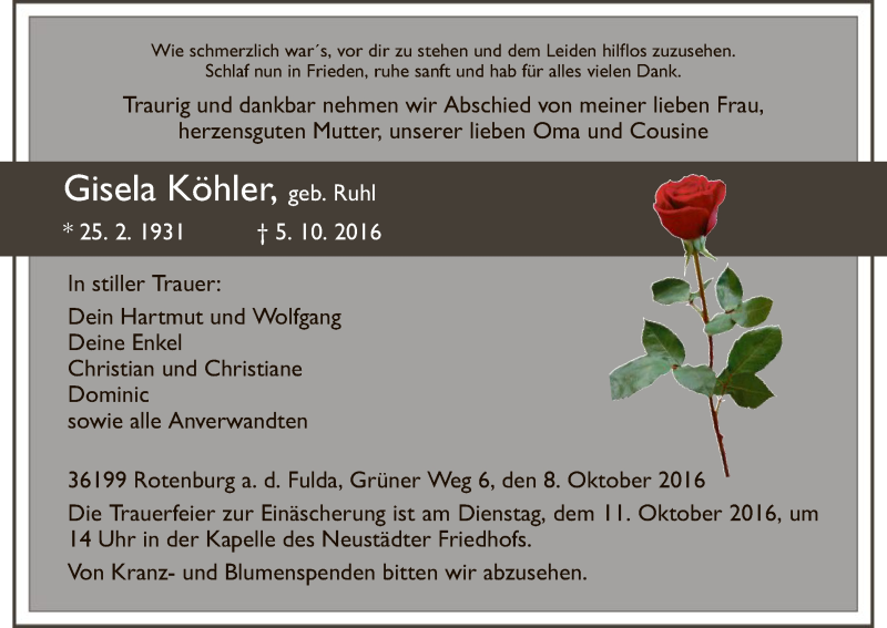  Traueranzeige für Gisela Köhler vom 08.10.2016 aus HNA