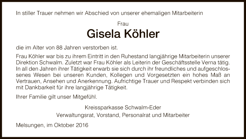  Traueranzeige für Gisela Köhler vom 28.10.2016 aus HNA