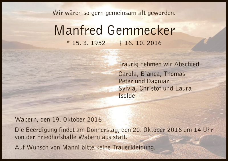  Traueranzeige für Manfred Gemmecker vom 19.10.2016 aus HNA