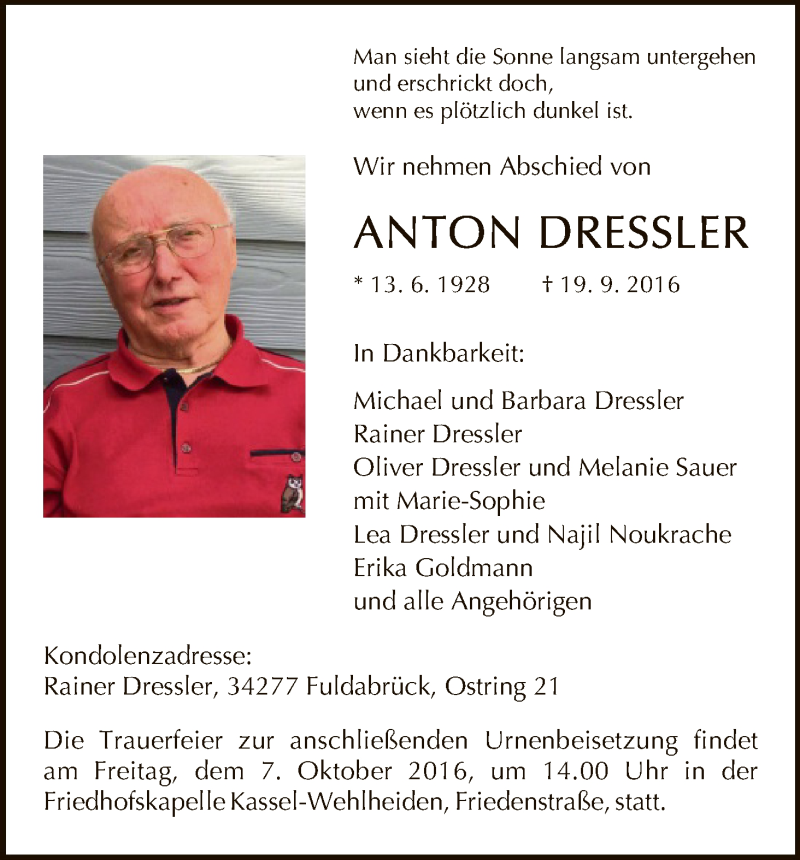  Traueranzeige für Anton Dressler vom 01.10.2016 aus HNA