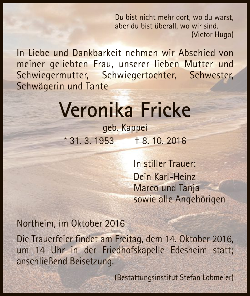  Traueranzeige für Veronika Fricke vom 11.10.2016 aus HNA