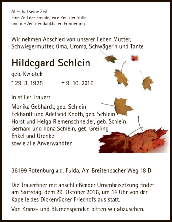 Traueranzeige von Hildegard Schlein von HNA