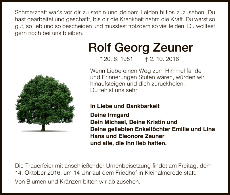  Traueranzeige für Rolf Zeuner vom 11.10.2016 aus HNA