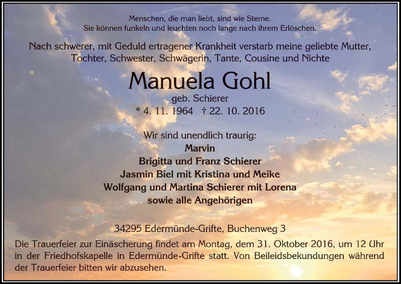  Traueranzeige für Manuela Gohl vom 26.10.2016 aus HNA