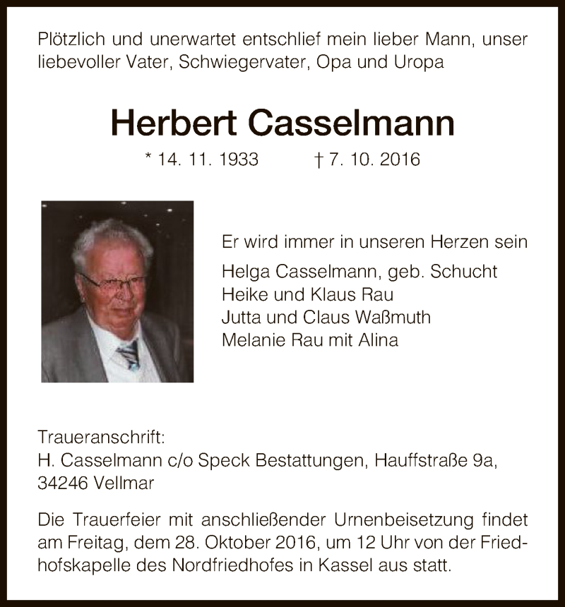  Traueranzeige für Herbert Casselmann vom 22.10.2016 aus HNA