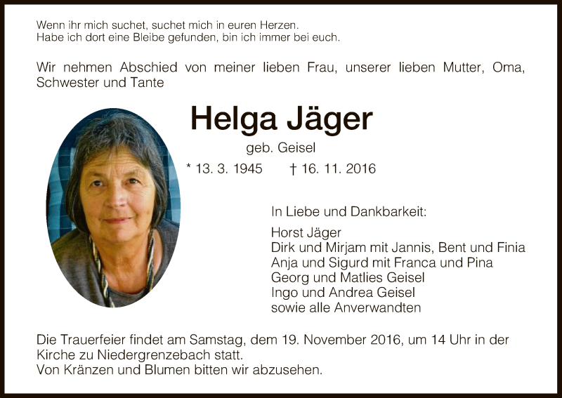 Traueranzeigen von Helga Jäger | Trauer.HNA.de