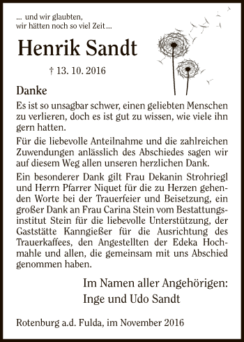 Traueranzeige von Henrik Sandt von HNA