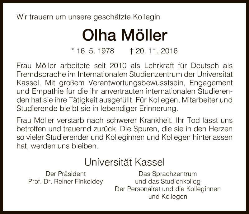  Traueranzeige für Olha Möller vom 30.11.2016 aus HNA