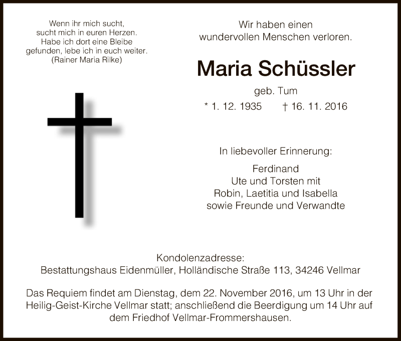  Traueranzeige für Maria Schüssler vom 19.11.2016 aus HNA
