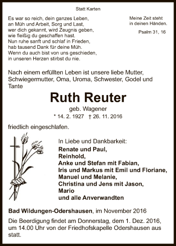 Traueranzeige von Ruth Reuter von HNA