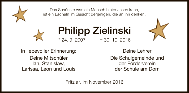  Traueranzeige für Philipp Zielinski vom 02.11.2016 aus HNA