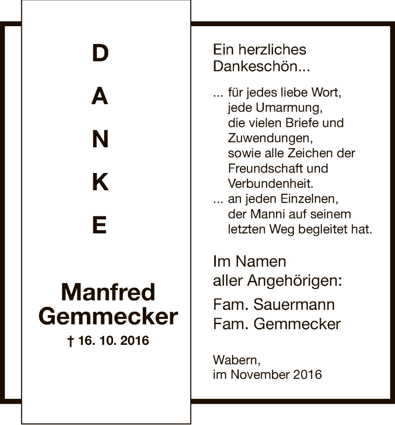  Traueranzeige für Manfred Gemmecker vom 05.11.2016 aus HNA