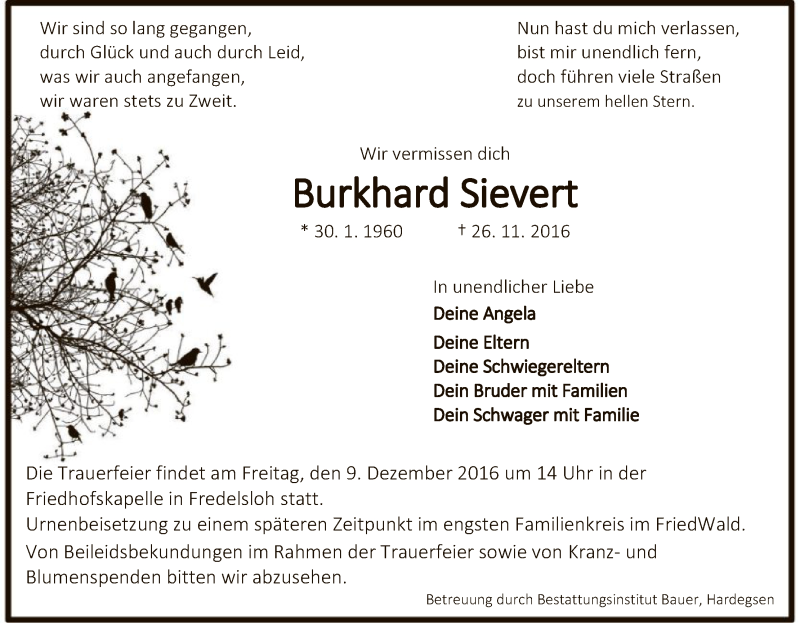  Traueranzeige für Burkhard Sievert vom 30.11.2016 aus HNA