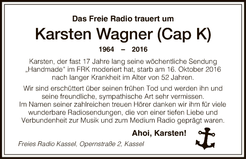  Traueranzeige für Karsten Wagner vom 03.11.2016 aus HNA