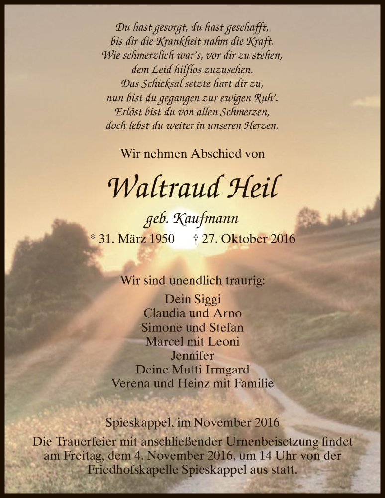  Traueranzeige für Waltraud Heil vom 01.11.2016 aus HNA