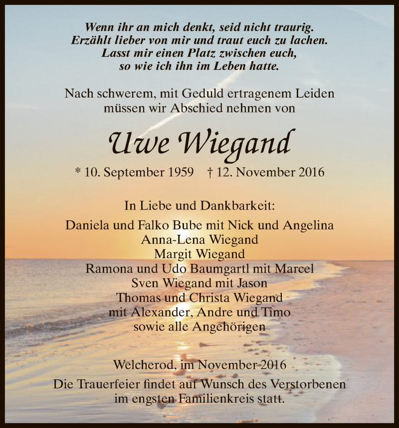  Traueranzeige für Uwe Wiegand vom 16.11.2016 aus HNA