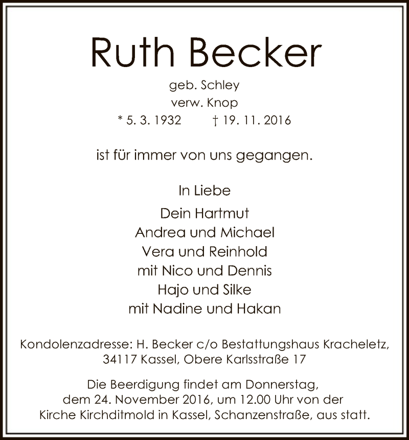  Traueranzeige für Ruth Becker vom 22.11.2016 aus HNA
