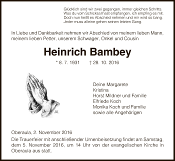 Traueranzeige von Heinrich Bambey von HNA