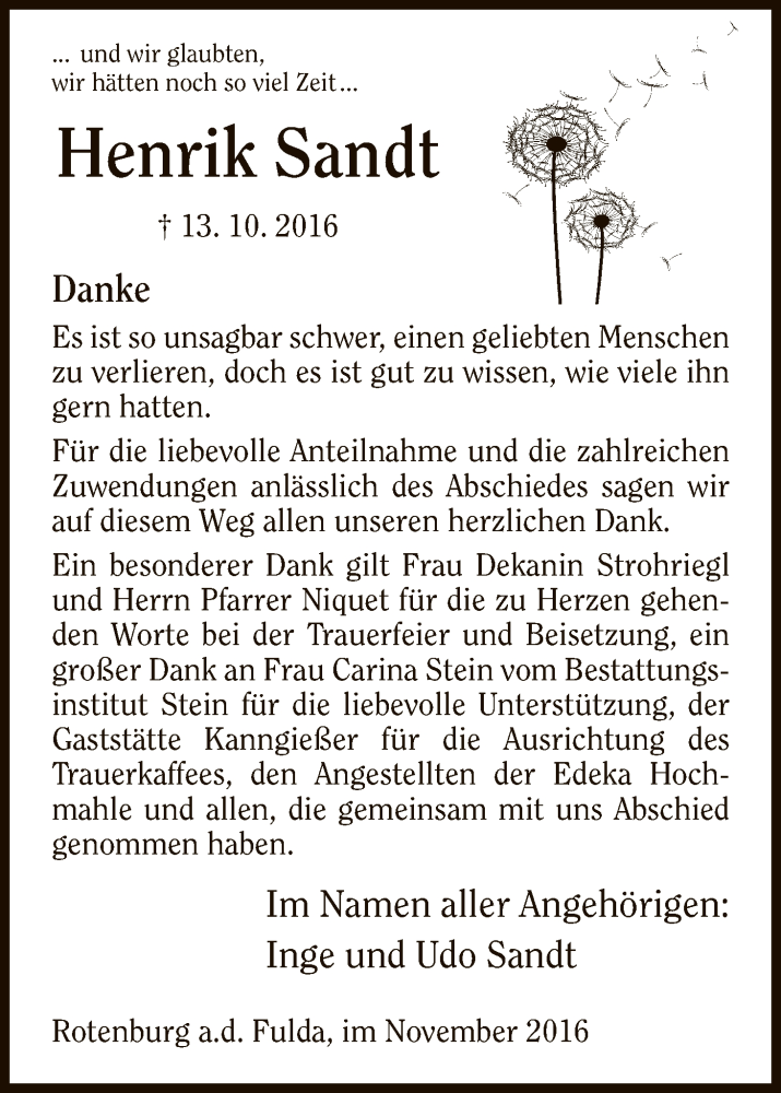  Traueranzeige für Henrik Sandt vom 12.11.2016 aus HNA