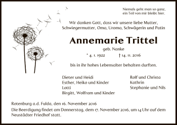 Traueranzeige von Annemarie Trittel von HNA