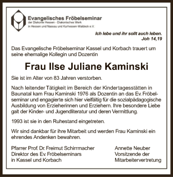 Traueranzeige von Ilse Juliane Kaminski von HNA