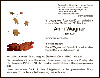 Traueranzeige von Anni Wagner von HNA