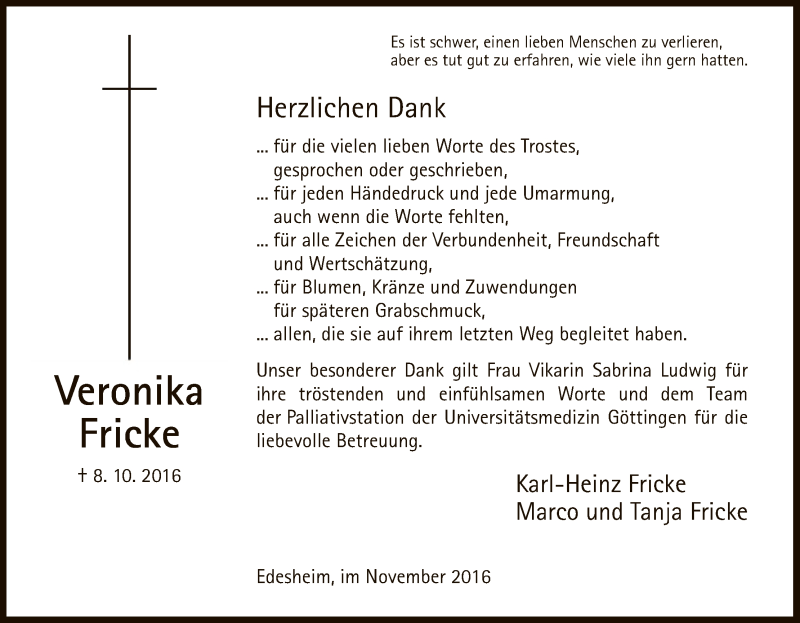  Traueranzeige für Veronika Fricke vom 05.11.2016 aus HNA