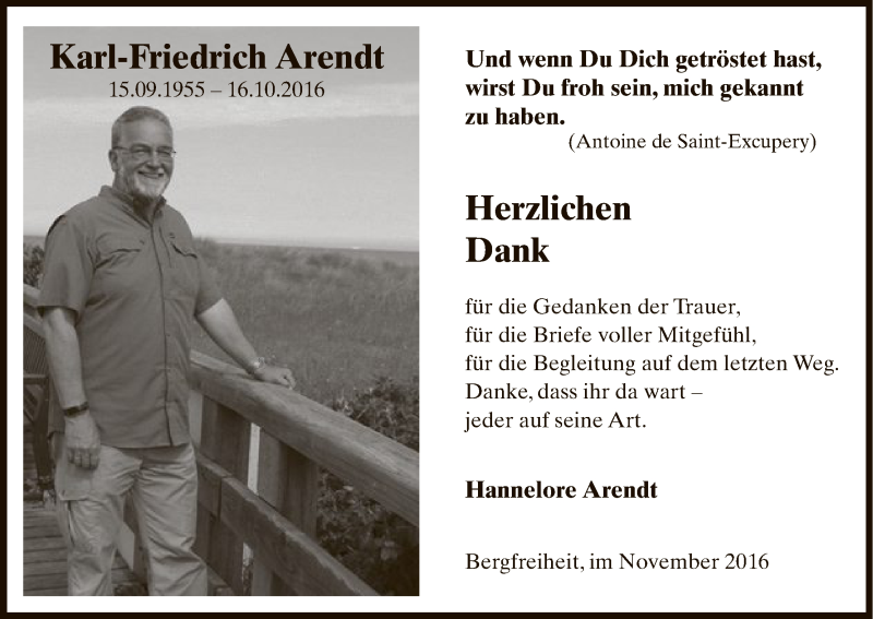  Traueranzeige für Karl-Friedrich Arendt vom 19.11.2016 aus HNA