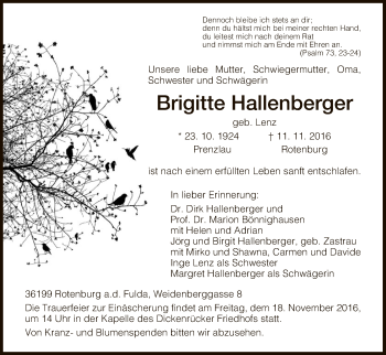 Traueranzeige von Brigitte Hallenberger von HNA