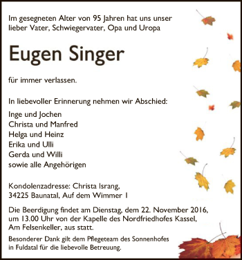 Traueranzeige von Eugen Singer von HNA