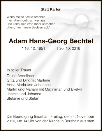 Traueranzeige von Adam Hans-Georg Bechtel von HNA