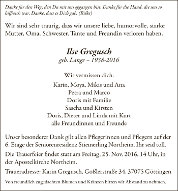 Traueranzeige von Ilse Gregusch von HNA