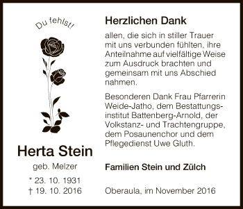 Traueranzeige von Herta Stein von HNA