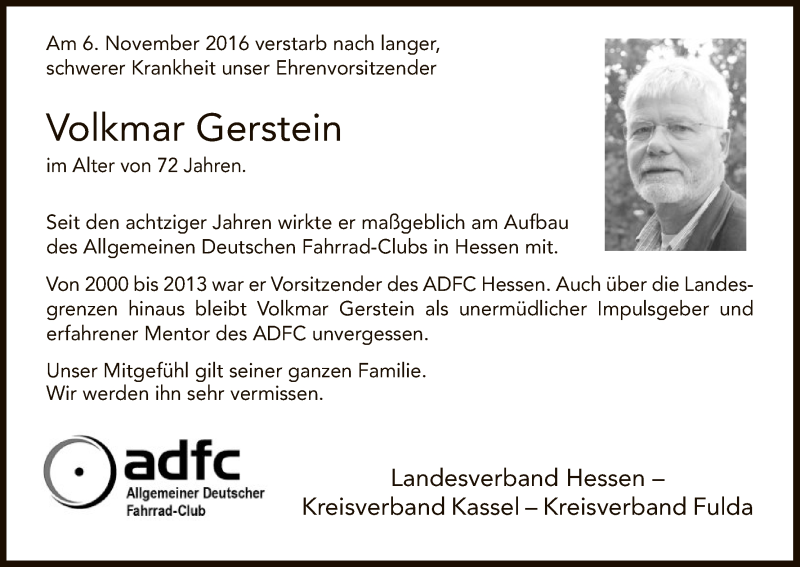  Traueranzeige für Volkmar Gerstein vom 12.11.2016 aus HNA