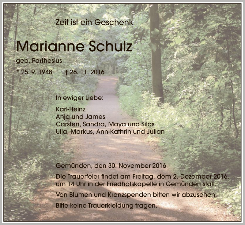  Traueranzeige für Marianne Schulz vom 30.11.2016 aus HNA