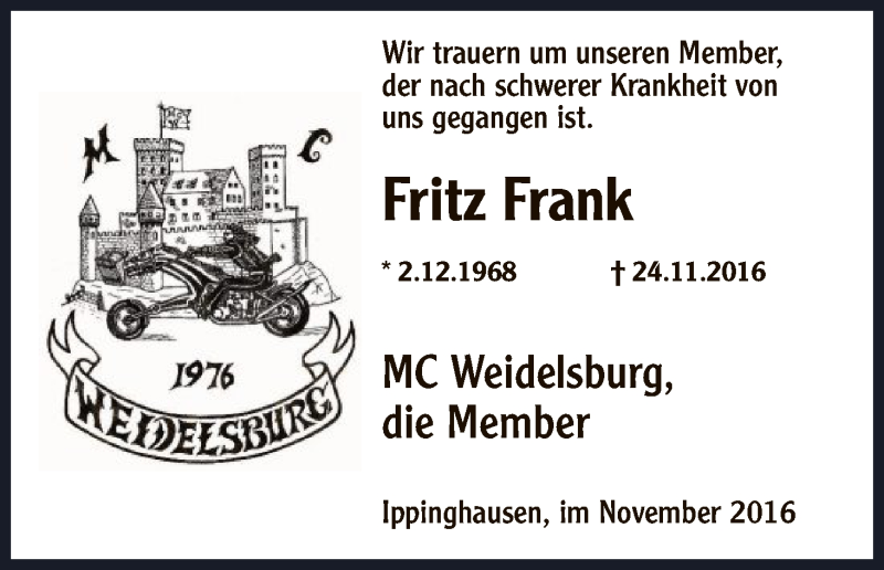  Traueranzeige für Fritz Frank vom 28.11.2016 aus HNA