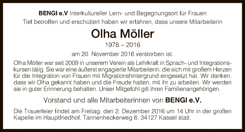  Traueranzeige für Olha Möller vom 29.11.2016 aus HNA