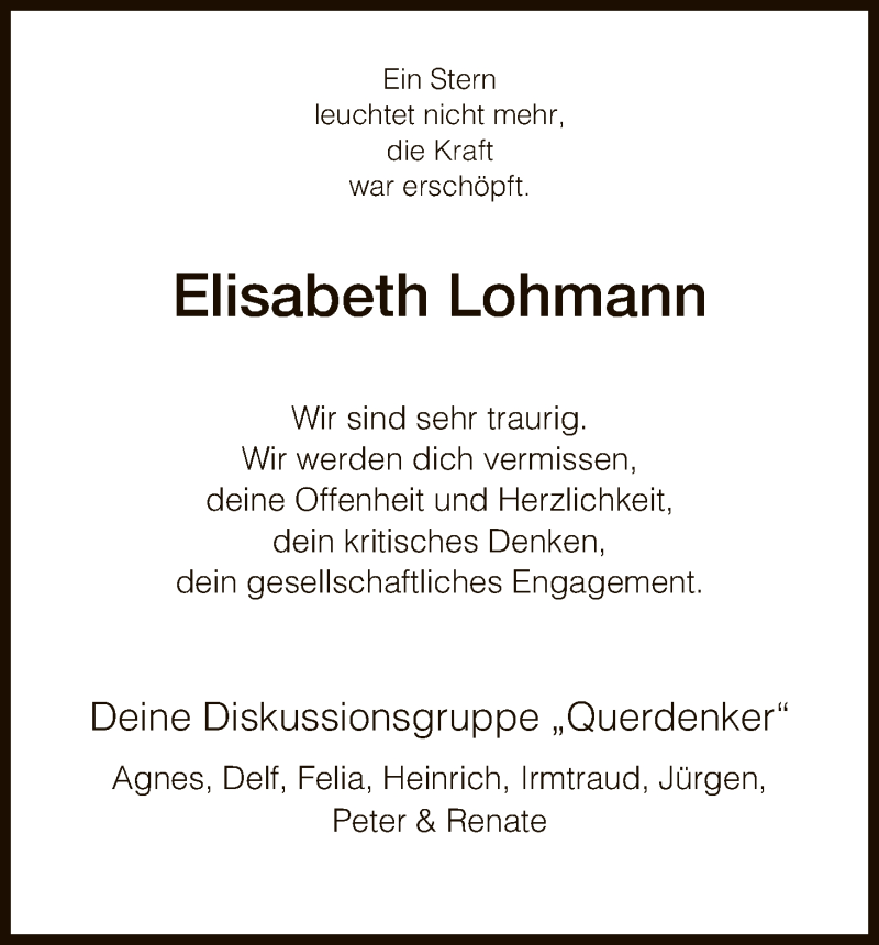  Traueranzeige für Elisabeth Lohmann vom 27.12.2016 aus HNA