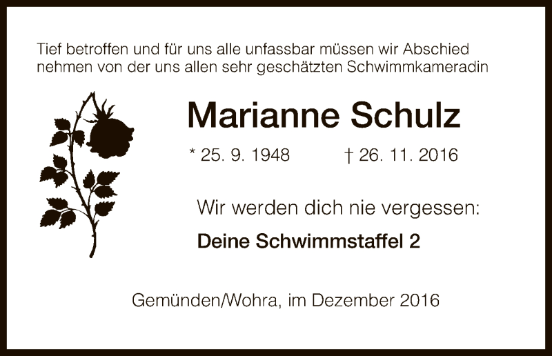  Traueranzeige für Marianne Schulz vom 02.12.2016 aus HNA