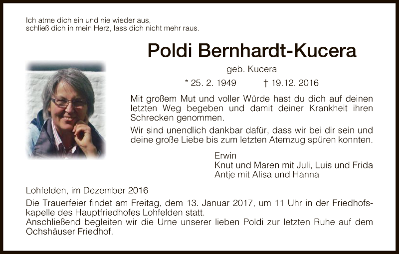  Traueranzeige für Poldi Bernhardt-Kucera vom 24.12.2016 aus HNA