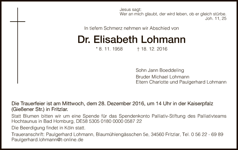  Traueranzeige für Elisabeth Lohmann vom 23.12.2016 aus HNA