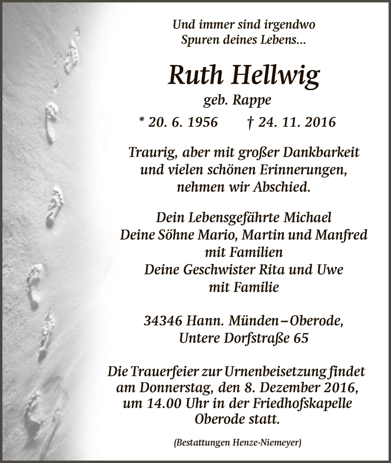  Traueranzeige für Ruth Hellwig vom 03.12.2016 aus HNA