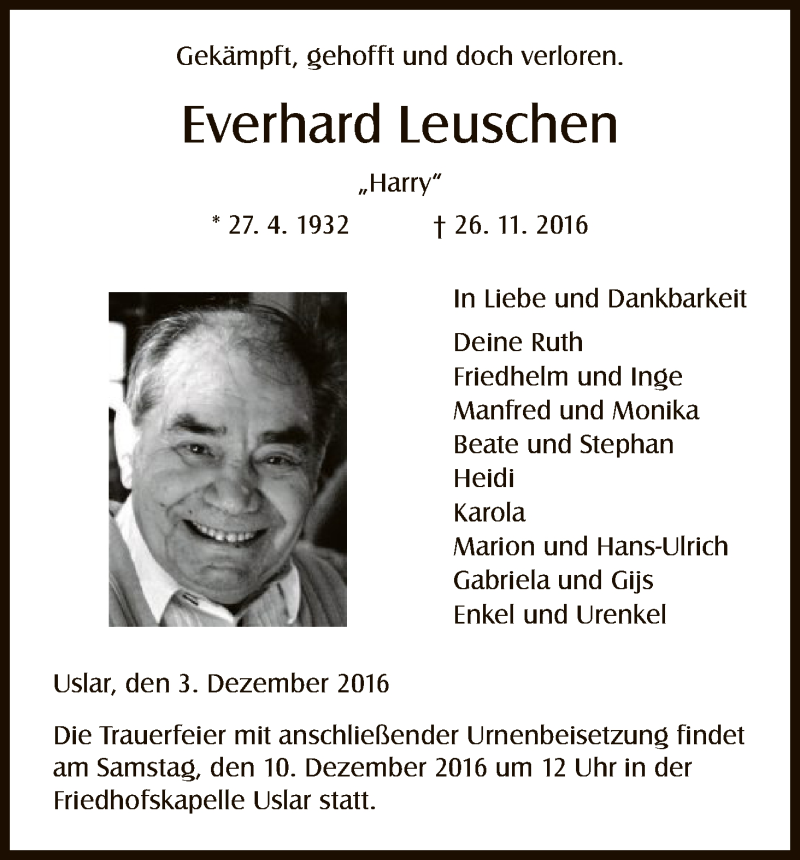  Traueranzeige für Everhard Leuschen vom 03.12.2016 aus HNA