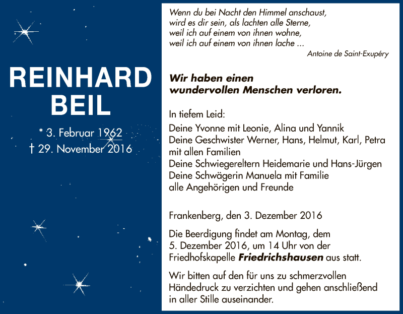  Traueranzeige für Reinhard Beil vom 03.12.2016 aus HNA