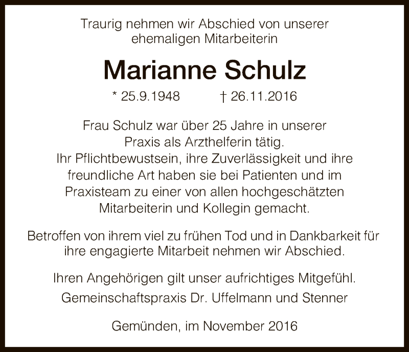  Traueranzeige für Marianne Schulz vom 01.12.2016 aus HNA