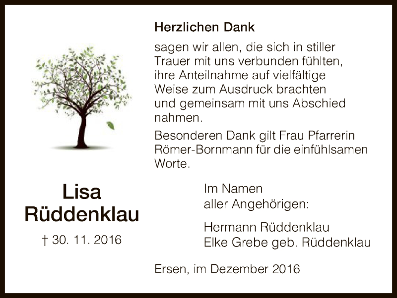  Traueranzeige für Lisa Rüddenklau vom 17.12.2016 aus HNA