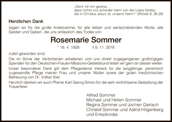 Traueranzeige von Rosemarie Sommer von HNA